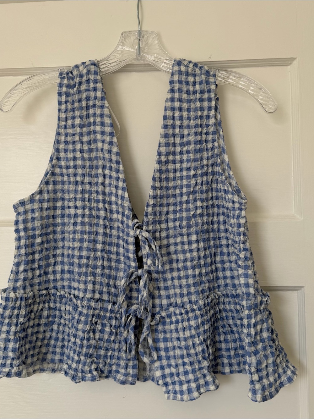 Zara Blue and White Gingham Tie-Front Peplum Camisole